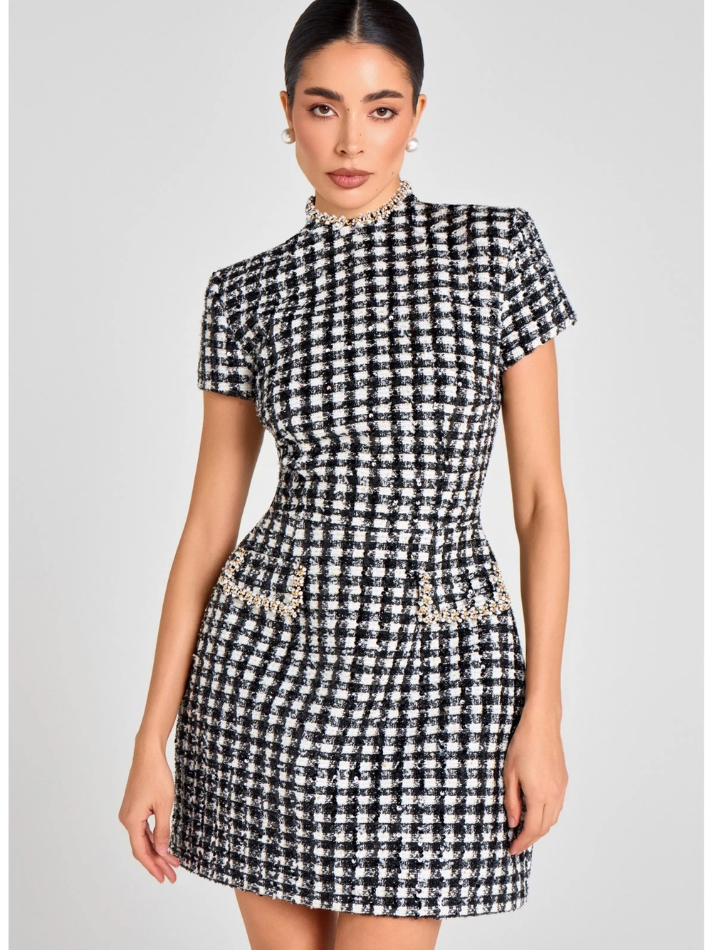 NADINE MERABI Black & White Tweed Pearl-Trim Mini Dress